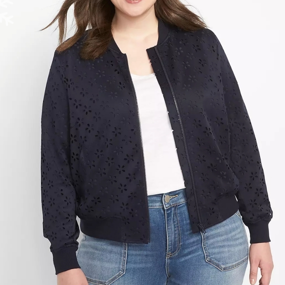 Lane Bryant On-the-Go Laser Cut Eyelet Navy Blue Bomber Jacket Plus Size 26